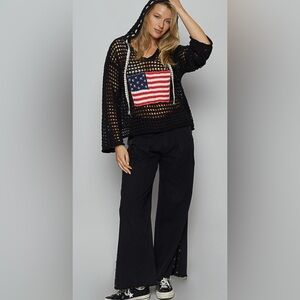Pol Black regular fit, long sleeve, Hoodie with American Flag. Size: Various